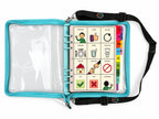 Classeur de communication MELTA turquoise ouvert, avec sa bandoulière noire et une page de pictogrammes du quotidien
