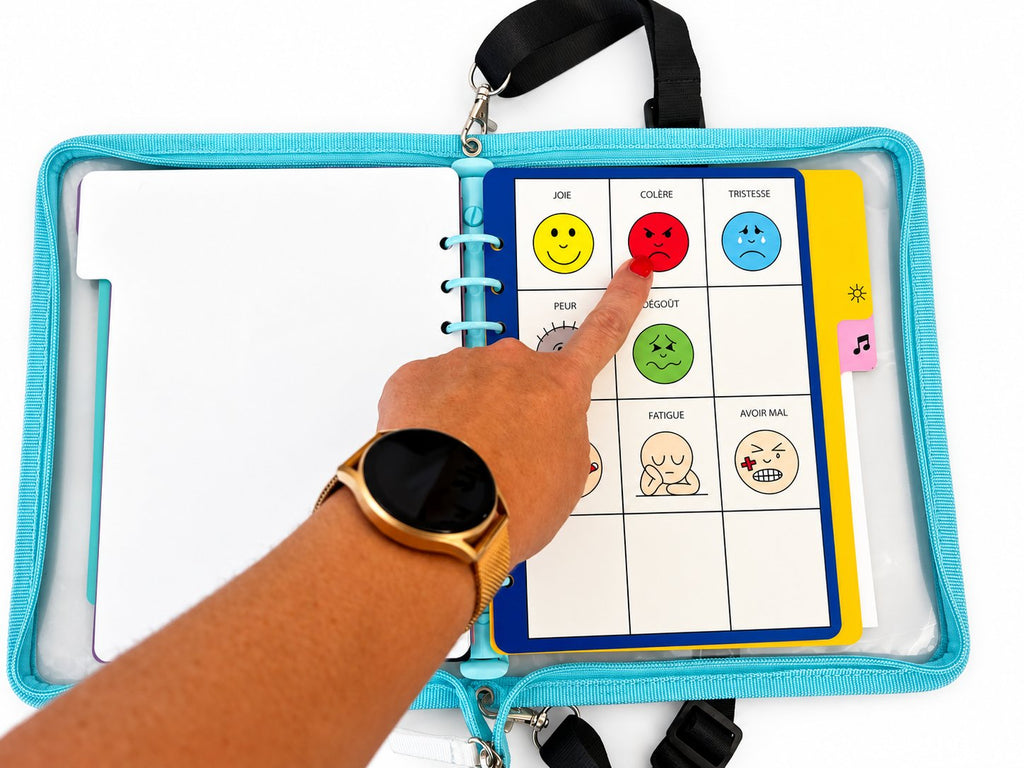 Une main désigne le pictogramme « colère » sur la page des émotions du classeur MELTA