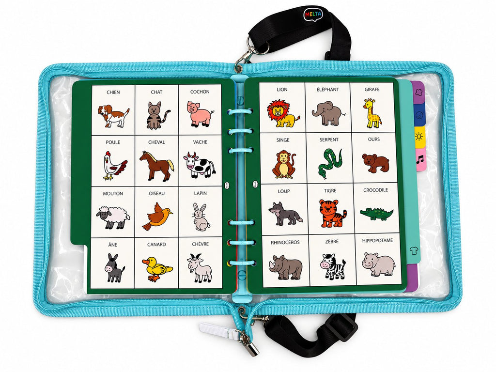 Classeur MELTA ouvert sur deux pages de pictogrammes d'animaux