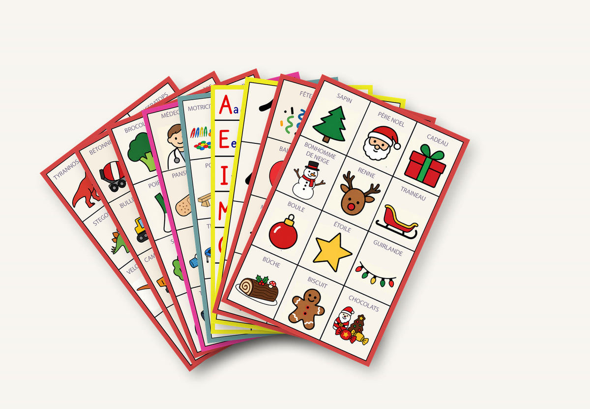 Éventail de planches thématiques du classeur MELTA : Noël, fêtes, lettres, motricité, médecin, légumes, véhicules et dinosaures